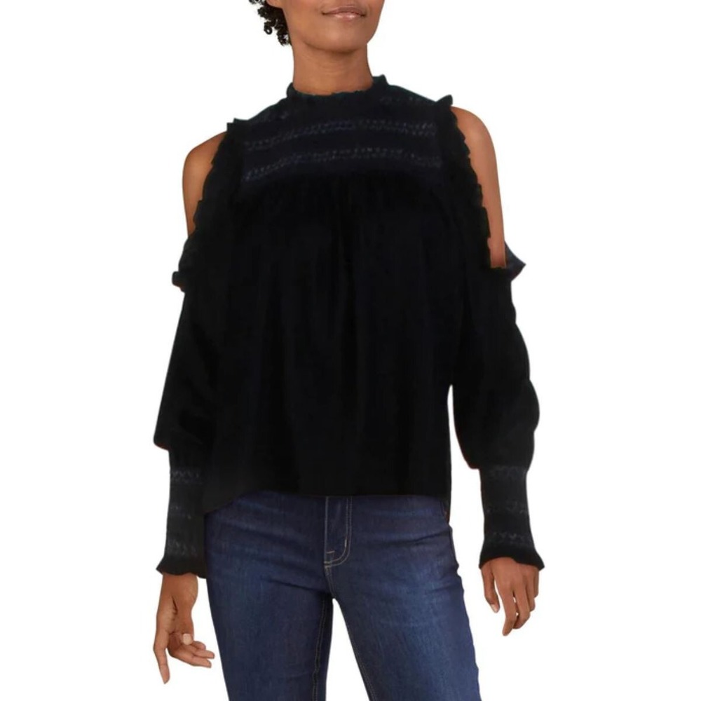 JOIE Navy Blue Velvet Cold Shoulder Smocked Blouse J569-T6193 XS